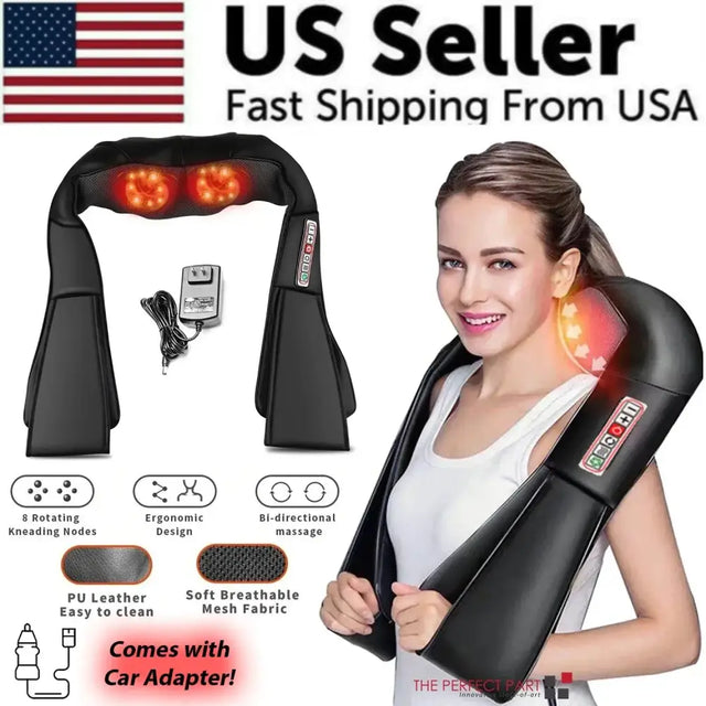 Black pu leather and soft breathable mesh fabric neck massager with red led lights.