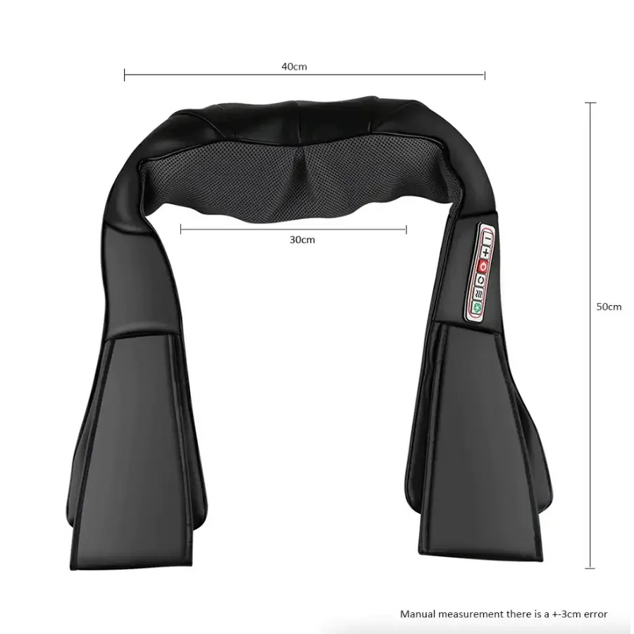 Black shoulder massager with a mesh panel and control buttons on the side.