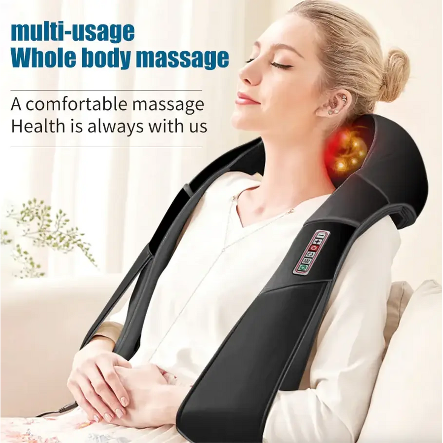 Black fabric-covered whole body massage neck massager with glowing red and yellow lights on the back.