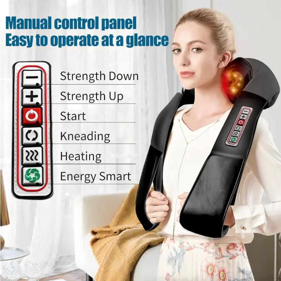 Black shoulder massager with red and orange glowing massage heads, featuring a manual control panel for strength adjustment, kneading, heating, and energy-saving modes.