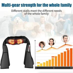 Black shoulder massager with glowing orange massage nodes and a control panel on the side.