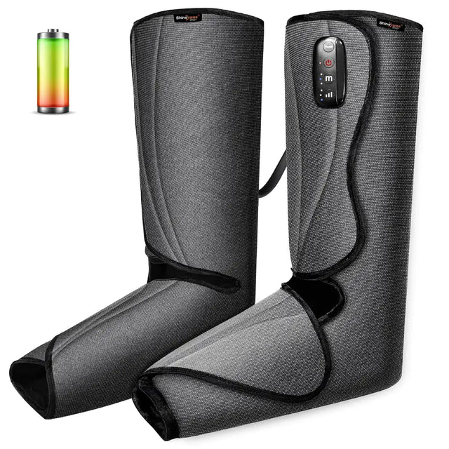 Black fabric-covered electric leg massagers with control panel and battery icon graphic.