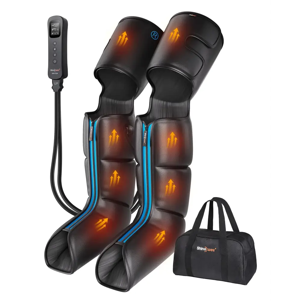 Black shinewest leg massagers with glowing orange arrow icons and blue zipper accents.