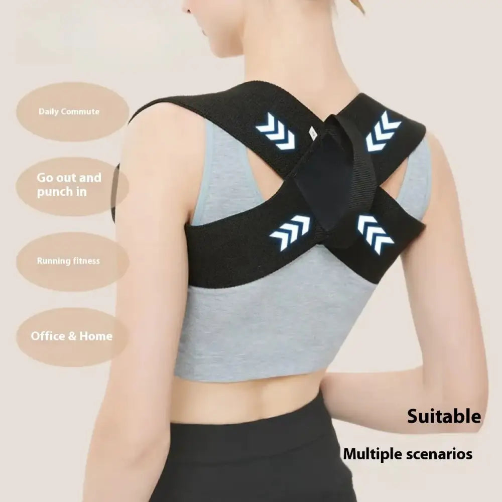 Black cross-back posture corrector with white arrow patterns on the straps.