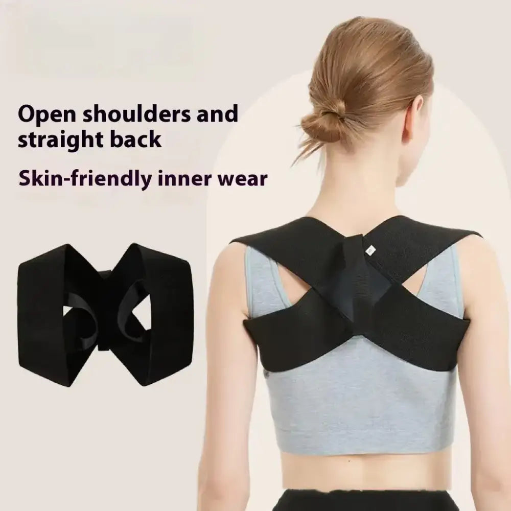 Black fabric posture corrector with adjustable straps and a central clasp.
