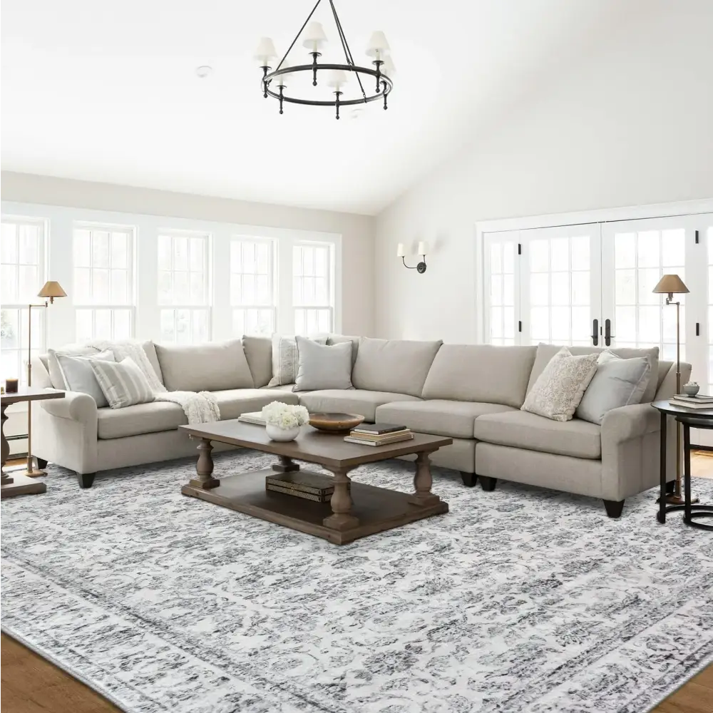 SIILOOM Vintage 9x12 Area Rugs for Living Room Grey Blue White Machine Washable Large Area Rug Non-Slip Ultra Soft Floral Tribal Traditional Farmhouse Carpet for Dining Room Bedroom Home Décor