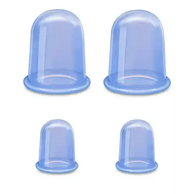 Set of four translucent blue silicone cupping cups.