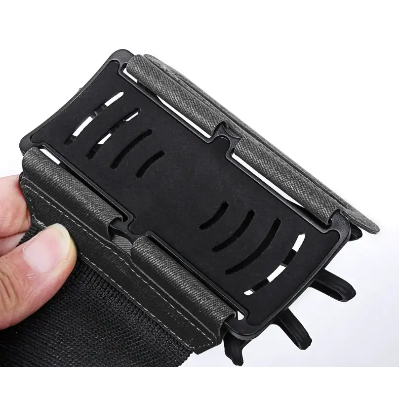 Black tactical phone holster with textured fabric straps and a molded plastic backplate featuring ventilation slots.