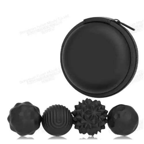 Black silicone massage balls in a matching black zippered case