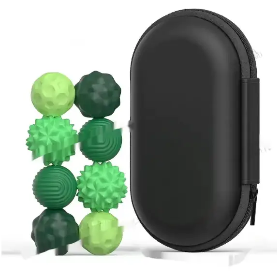 Set of six green textured massage balls in a black zippered carrying case.