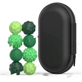 Set of six green textured massage balls in a black zippered carrying case.