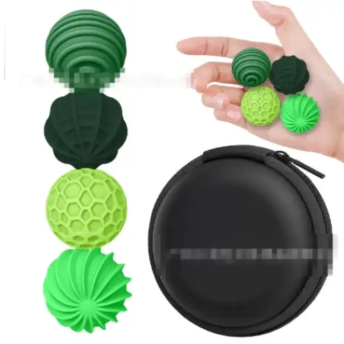 Set of five green silicone massage balls in various textured designs, accompanied by a black zippered carrying case.