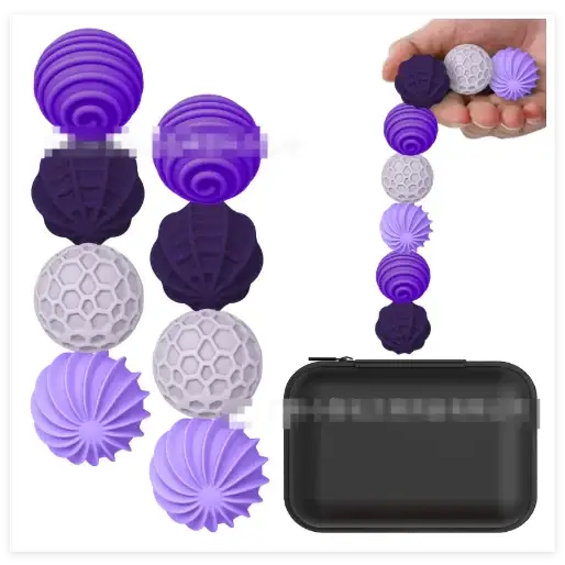 Purple and white silicone sensory balls in various textured patterns, displayed with a black storage case.