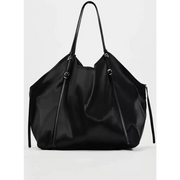 Black nylon tote bag with sleek, minimalist design and matching black leather handles.
