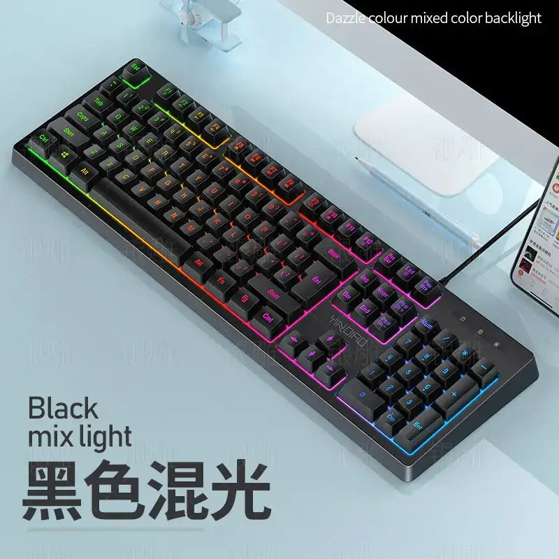 Black mechanical keyboard with vibrant, mixed-color rgb backlighting.