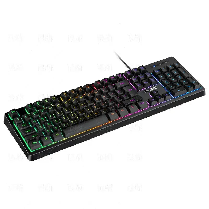 Black hinofio gaming keyboard with rgb backlighting and a wired connection.