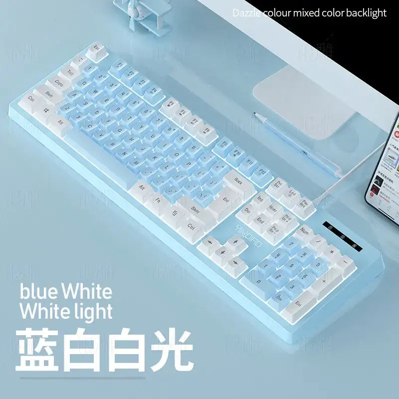 A sleek blue and white mechanical keyboard with a translucent body, featuring illuminated keys that glow in soft blue and white hues.