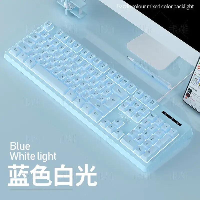 A sleek, full-size mechanical keyboard with translucent white keycaps and a glowing blue-white backlight.