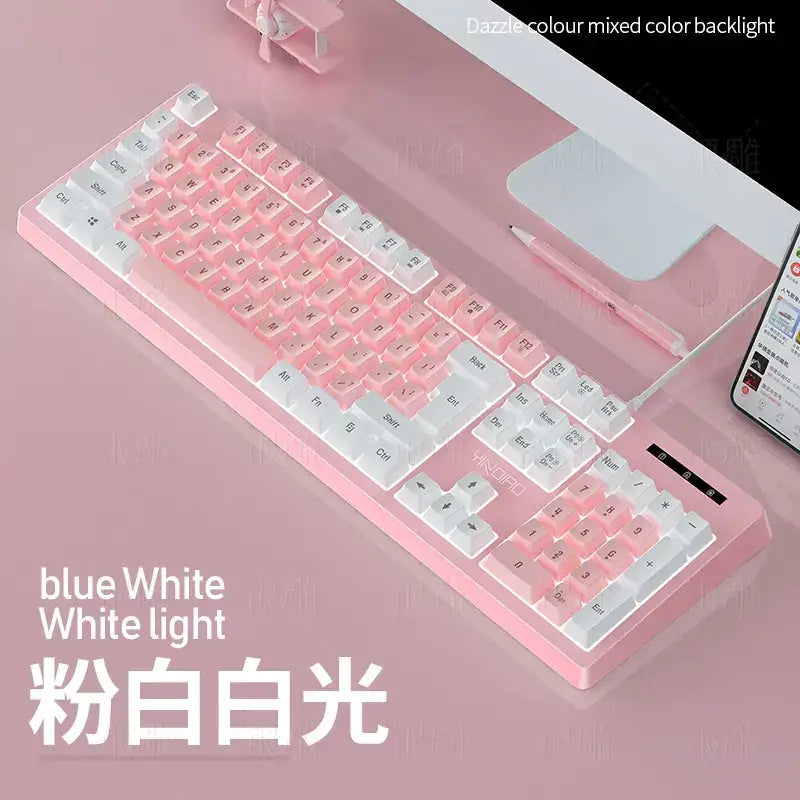 Pink and white mechanical keyboard with a translucent pink body, featuring blue and white backlighting.