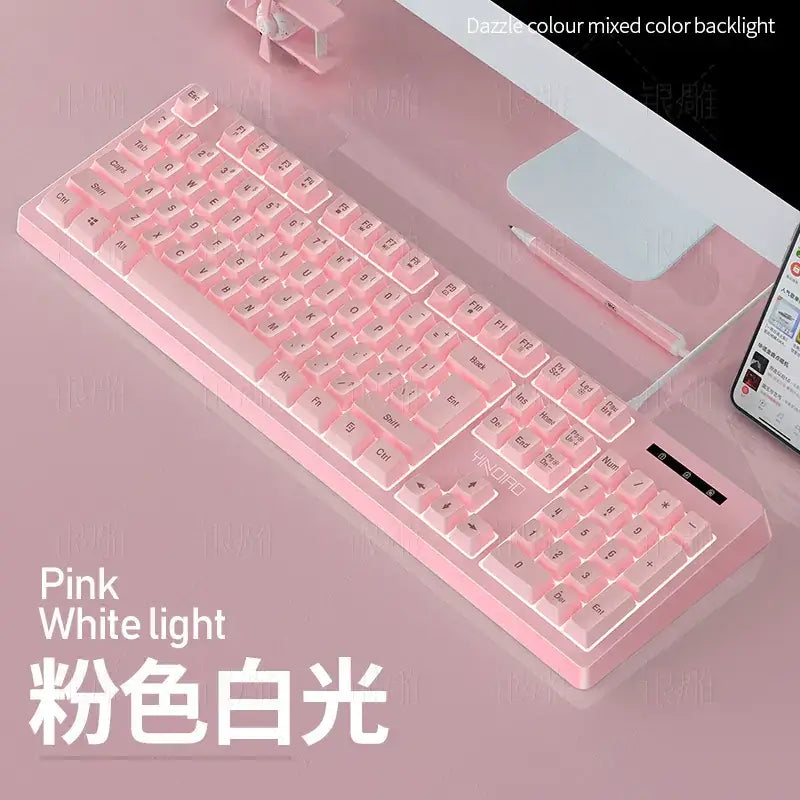 Pink mechanical keyboard with white backlighting and a sleek, modern design.