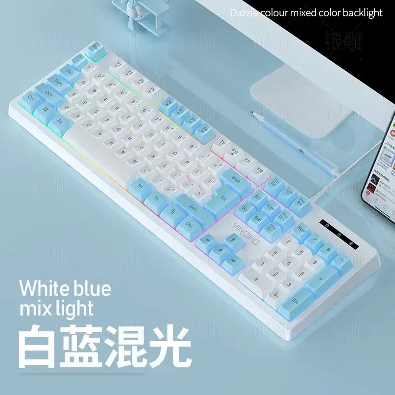 White and blue mixed light keyboard with a sleek, modern design.