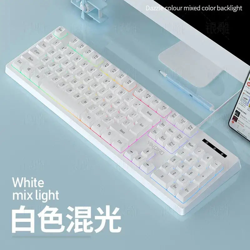 White mechanical keyboard with a sleek, minimalist design and vibrant rainbow backlighting that illuminates each key.