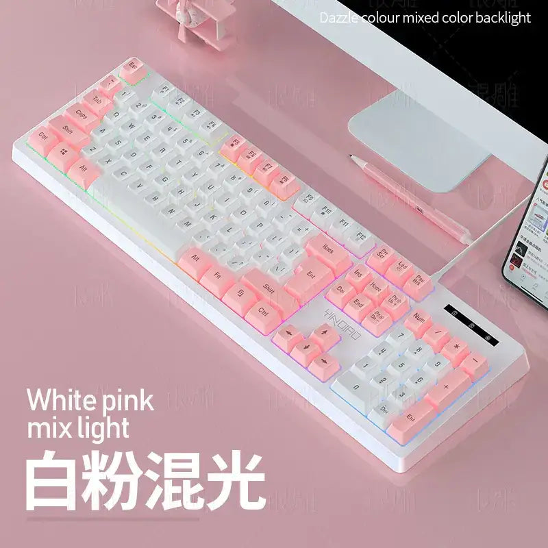 A sleek white and pink mechanical keyboard with a dazzling mixed-color backlight, featuring soft pastel keycaps that glow in hues of white and pink.