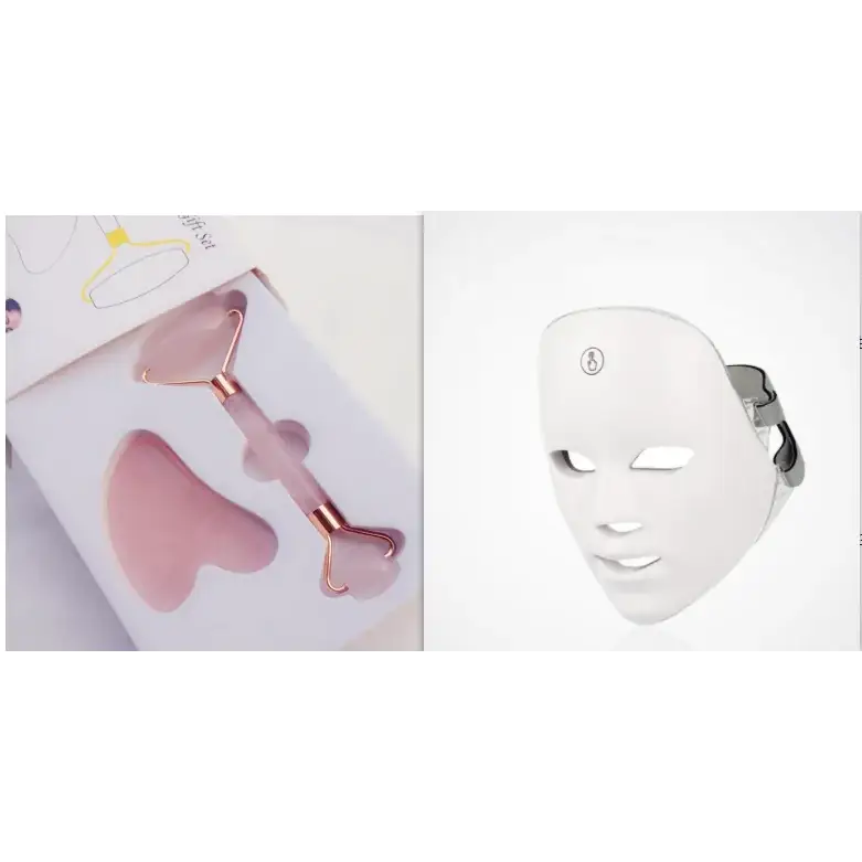 White led facial mask with silver metallic ear straps and a small circular logo on the forehead