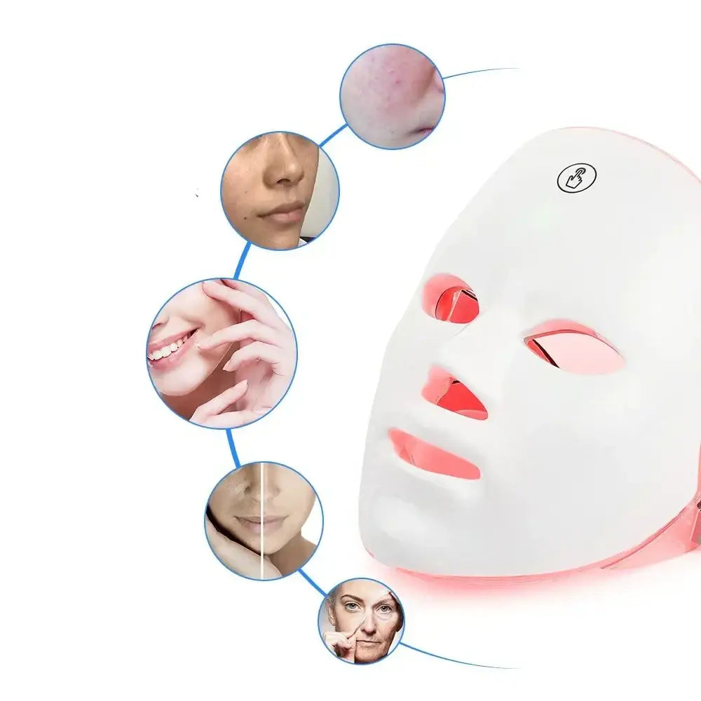 White led facial mask with red light therapy panels and a touch control button