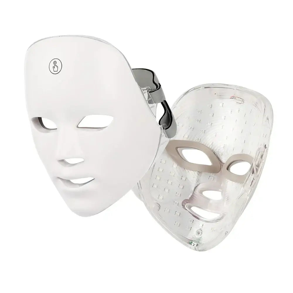 White and transparent led facial masks with adjustable straps, featuring a sleek design for skincare treatment.