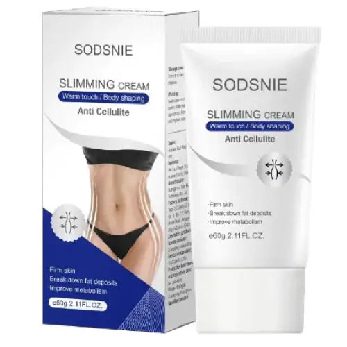 Sodsnie slimming cream in a white tube with blue and silver packaging, designed for anti-cellulite treatment.