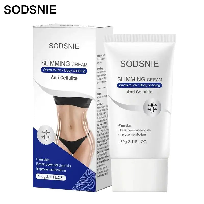 Sodsnie brand white tube of slimming cream with blue and silver accents, labeled for anti cellulite and body shaping.