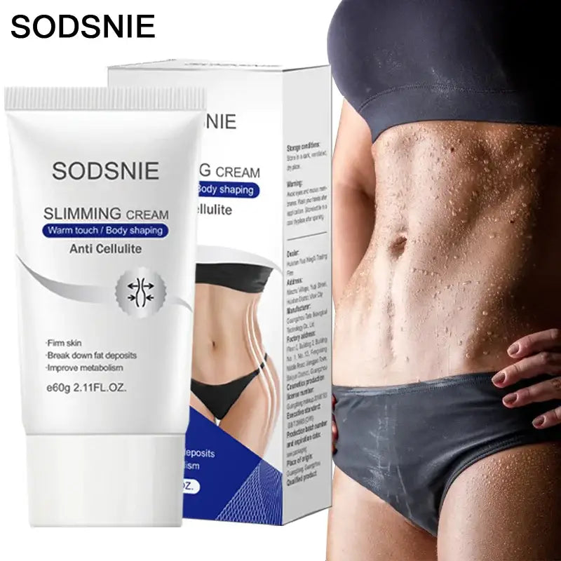 Sodsnie slimming cream in a white tube with blue accents, designed for body shaping and anti-cellulite treatment.