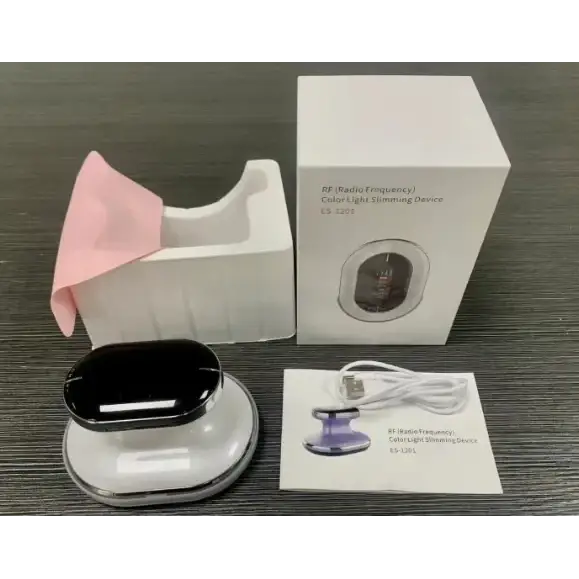 Black and white oval-shaped rf radio frequency color light slimming device with a glossy finish.