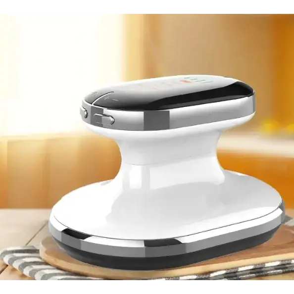 White and silver handheld massage device with a sleek, modern design.