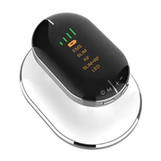 Black oval-shaped ems device with silver metallic base, featuring illuminated green battery indicator and orange text labels for various therapy modes.