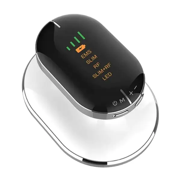 Black oval-shaped ems device with silver metallic base, featuring illuminated green battery indicator and orange text labels for various therapy modes.