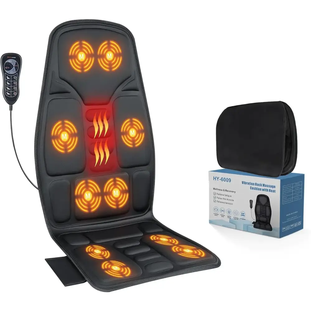 Black hy-6009 vibration back massage cushion with heat, featuring illuminated orange circular heating zones and a central red wave pattern on the lumbar area.