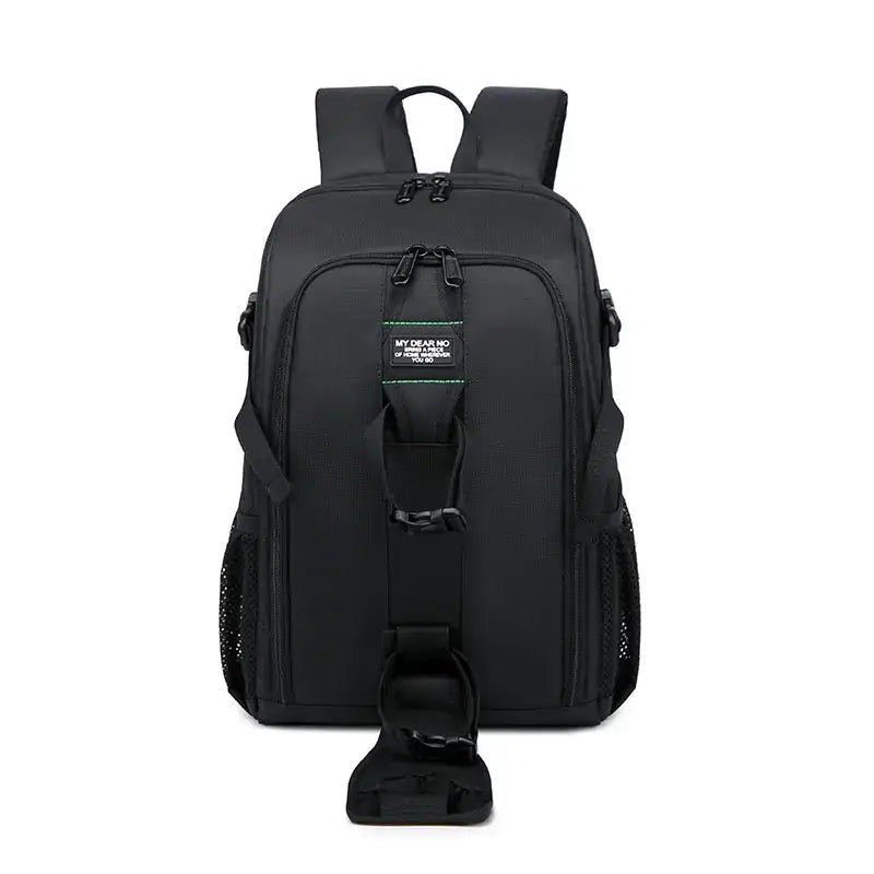 Black camera backpack with mesh side pockets and a front strap featuring a small rectangular label.