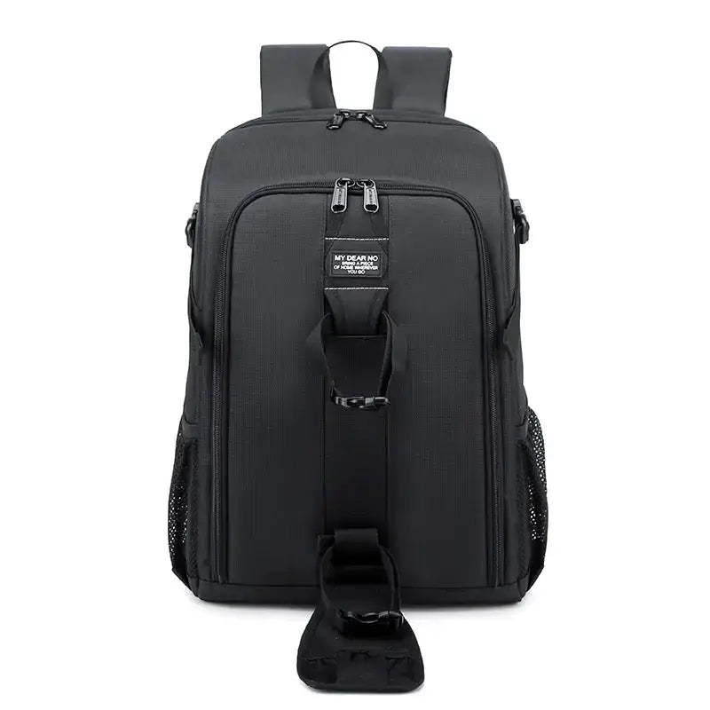 Black nylon backpack with reinforced zippers and mesh side pockets.