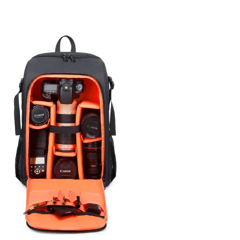 Black and orange camera backpack with organized compartments holding canon gear.