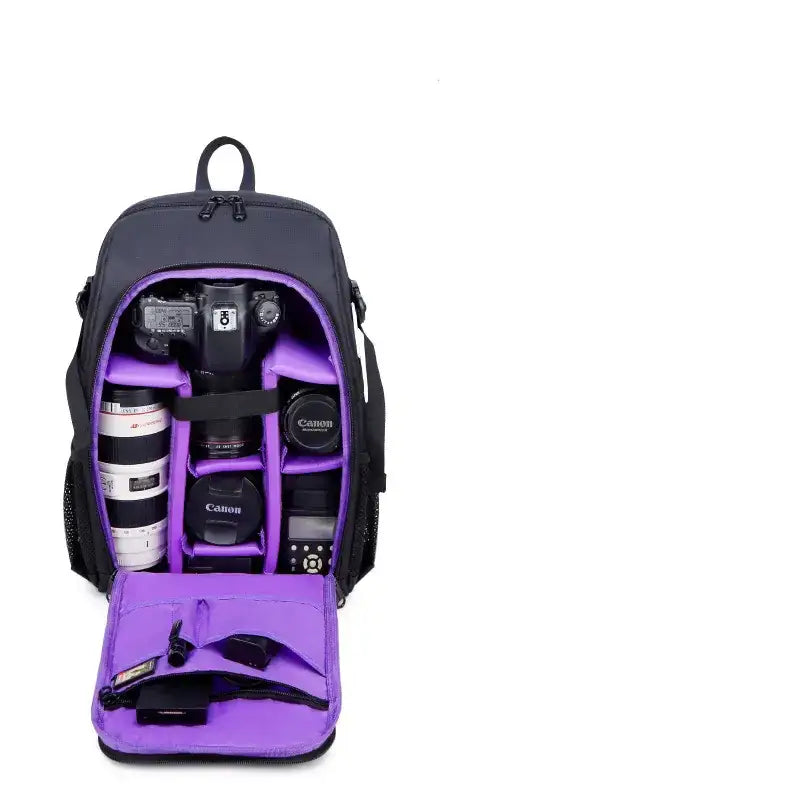 Black and purple camera backpack with organized compartments holding canon gear.