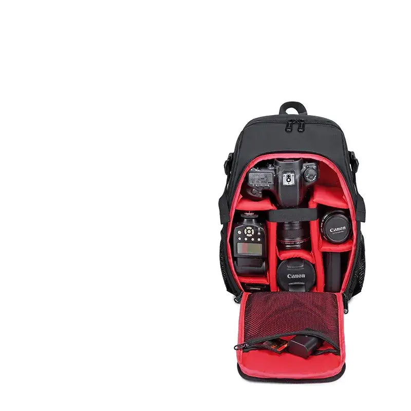 Black and red camera backpack with organized compartments holding canon gear.