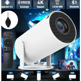 White cylindrical 4k wireless projector with black lens and ventilation grille.