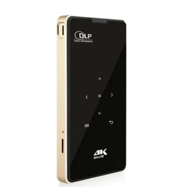 Black and gold dlp portable media player with a sleek, glossy finish and minimalist control buttons.