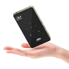 Black and gold handheld 4k dlp projector with tactile control buttons.