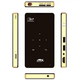 Gold-framed dlp projector with a black front panel featuring directional and function buttons, labeled ’4k ultra hd’ at the bottom.