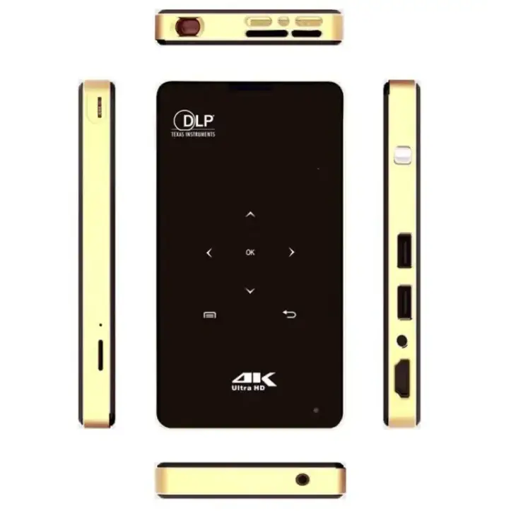 Gold-framed dlp projector with a black front panel featuring directional and function buttons, labeled ’4k ultra hd’ at the bottom.