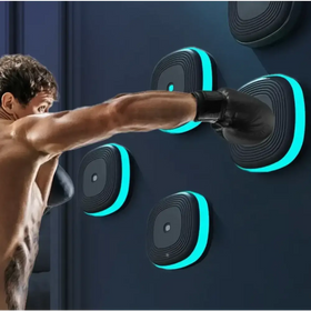 Black circular wall-mounted punching pads with glowing teal led rings.