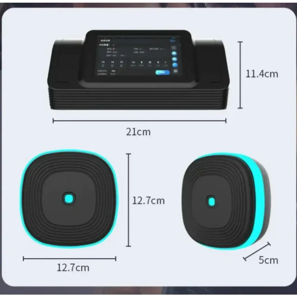 Black rectangular device with a touchscreen display and two circular, black-and-cyan components below it.